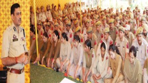 IGP Railways Rajesh Kumar addressing security personnel in Jammu on Saturday. 