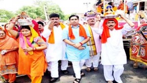 MLA R S Pura, Dr Gagan Bhagat leading a religious procession in Miran Sahib on Thursday.