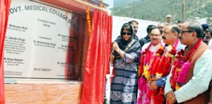 Chief Minister, Mehbooba Mufti and Union Health Minister J P Nadda along with Union MoS, Dr Jitendra Singh and Deputy CM, Dr Nirmal Singh laying foundation stone of GMC Doda at Ghat on Saturday. -Excelsior/Tilak Raj
