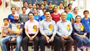 Selected women climbers posing for a group photograph along with dignitaries in Jammu on Thursday.