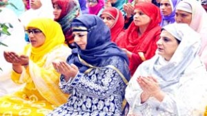 Chief Minister, Mehbooba Mufti offering Eid prayer at Ziyarat Hazrat Syed Sahib, Sonwar on Monday.
