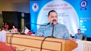 Union Minister Dr Jitendra Singh addressing a congregation on "Development of North-Eastern Region" at Pragati Maidan, New Delhi on Monday.