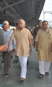 RSS chief, Dr Mohan Rao Bhagwat on his arrival at Jammu Railway Station on Friday. -Excelsior/Rakesh