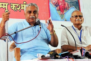 RSS Prachar Parmukh, Dr Manmohan Vaidya and Sangchalak Brig Suchet Singh at a press conference at Jammu on Friday. -Excelsior/Rakesh