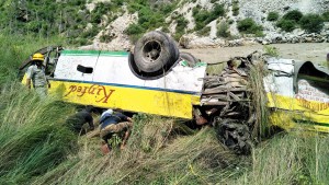The wreckage of the bus which fell into a 500 feet deep gorge near Rampur in HP on Thursday. -Excelsior/Pardeep