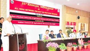 Governor N N Vohra speaking at a workshop in the campus of SKUAST-K at Srinagar on Friday.