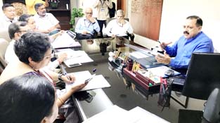 Union Minister Dr Jitendra Singh presiding over a high-level meeting of officials from PMO, DoNER and Home Ministry to assess the Northeast flood situation, at New Delhi on Thursday.