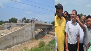 Speaker Legislative Assembly Kavinder Gupta inspecting work on a bridge at Jammu on Thursday.