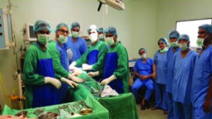 Doctors and paramedical staff during surgery of a woman having 203 stones in her gall bladder, at ESIC Hospital, Bari Brahmana. 