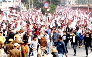 NPP activists taking out protest rally in Jammu city on Monday.-Excelsior/Rakesh