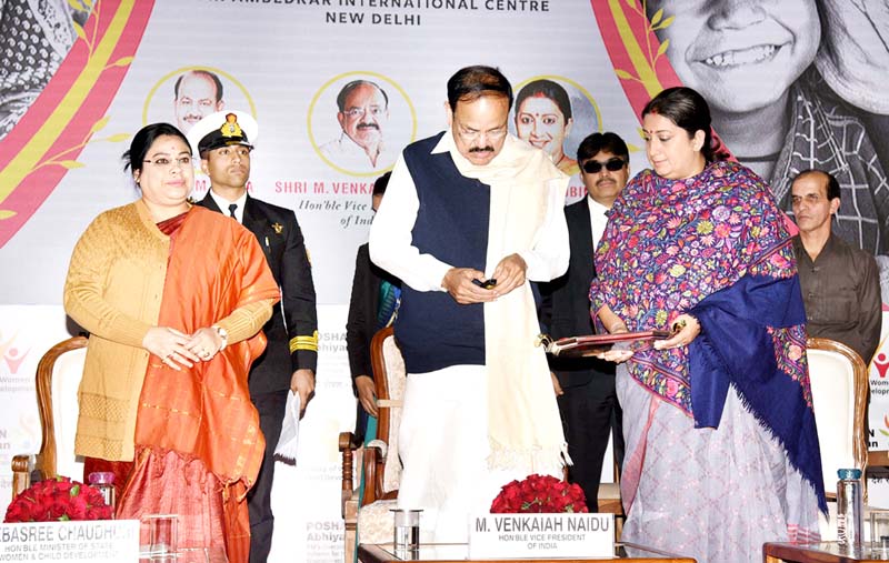 Vice President, M. Venkaiah Naidu launching the POSHAN Anthem at an event organised by the Ministry of Women and Child Development, in New Delhi on Tuesday. Union Minister for Women & Child Development and Textiles, Smriti Irani, and the Minister of State for Women and Child Development, Sushri Debasree Chaudhuri are also seen.