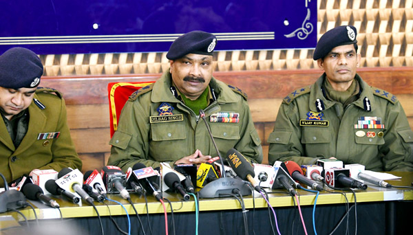 DGP Dilbag Singh addressing a press conference in Srinagar. —Excelsior/Shakeel