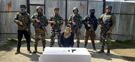 A militant arrested by security forces in Sopore on Sunday. — Excelsior/Abid Nabi