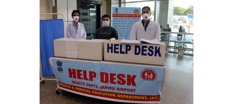 A ‘Help Desk’ set up in view of COVID-19 for the passengers arriving at Jammu Airport on Saturday. (UNI)