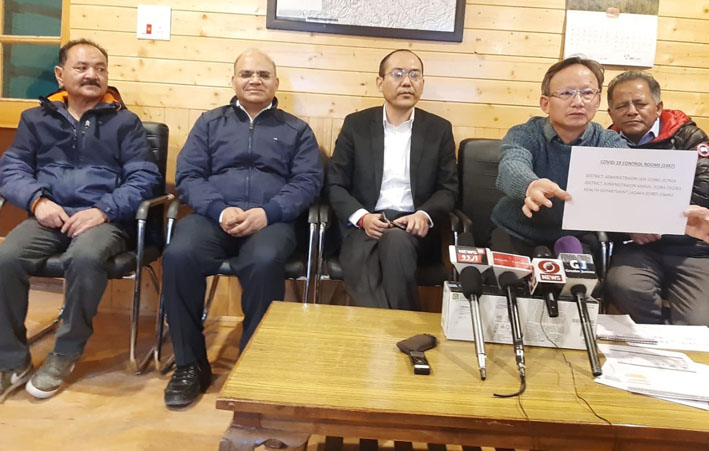 Commissioner Secretary, Health & Medical Education, Ladakh UT, Rigzin Sampheal along with CMO Leh, Dr Motup Dorjey and others during a press conference at CMO office, Leh on Saturday.           —Excelsior/Morup Stanzin