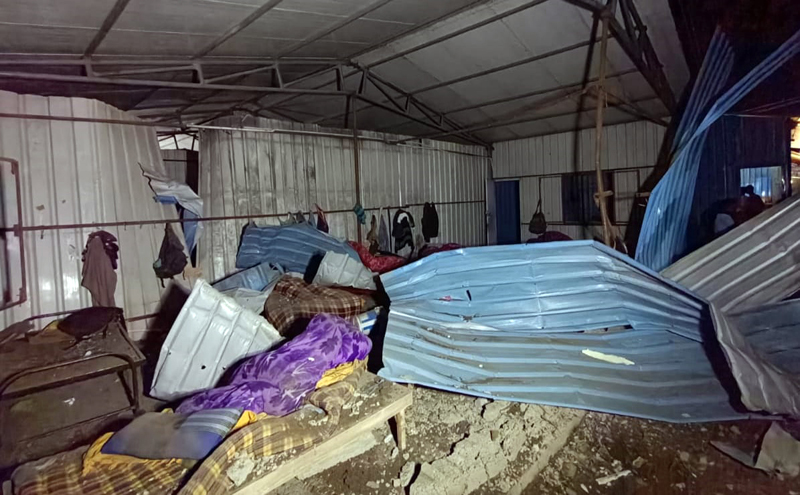 Residential shed of construction company damaged in blast at Banihal on Friday night.-Excelsior/Parvez