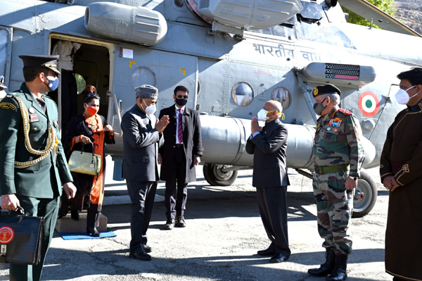 President Ram Nath Kovind being received at Drass by Ladakh LG R K Mathur, Army Commander and LAHDC Kargil chief Feroz Khan on Friday.
