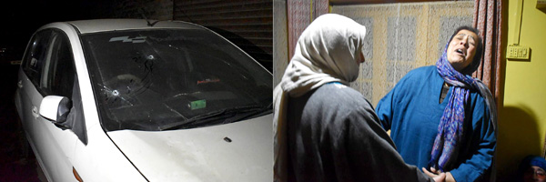 Gunshots on the car of a civilian (left) and his family members break down after hearing news of his death (right) in Srinagar on Wednesday. (UNI)