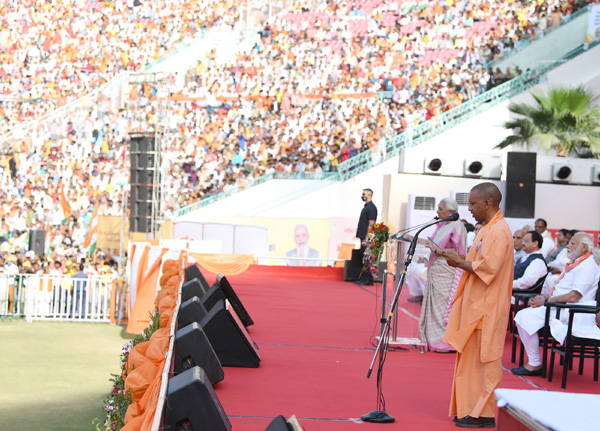 PM attending the oath taking ceremony of Yogi Adityanath as Chief Minister of Uttar Pradesh, in Lucknow on March 25, 2022.