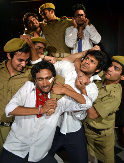 A scene from play 'Shuruaat Se Pehle' presented at Natrang Studio Theatre in Sunday Theatre Series at Jammu on Sunday.