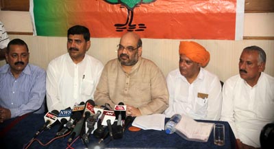 BJP general secretary Amit Shah addressing a press conference at Jammu on Friday. -Excelsior/Rakesh