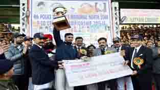Winners of 4th Police Martyrs Memorial North Zone T20 Tournament being felicitated by DGP Ashok Prasad and other dignitaries at Sports Stadium in Kathua. Winners of 4th Police Martyrs Memorial North Zone T20 Tournament being felicitated by DGP Ashok Prasad and other dignitaries at Sports Stadium in Kathua.