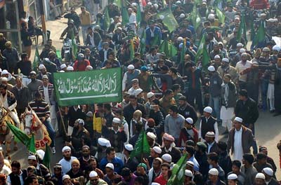 A large religious procession being taken out on Eid-i-Milad-un-Nabi in Janipur area of Jammu on Tuesday. -Excelsior/ Rakesh