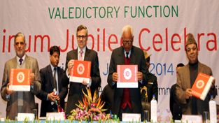 Governor N N Vohra, Chief Minister Omar Abdullah, Minister for Finance Abdul Rahim Rather and J&K Bank Chairman Mushtaq Ahmed releasing Coffee Table book on the growth of bank in a function at Jammu on Friday.