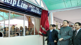 Minister for ULBs Nawang Rigzin Jora & Minister of State for Commerce and Industries Sajjad Ahmed Kichloo launching Municipal Help-Line at JMC on Saturday.
