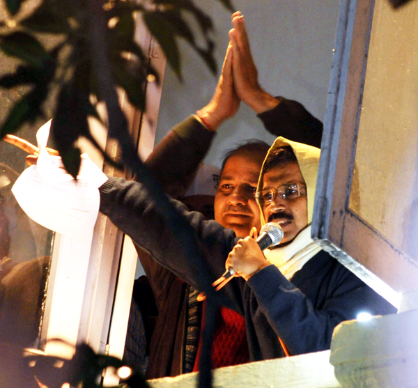 Delhi Chief Minister Arvind Kejriwal addressing supporters at party headquarters before leaving for Lt. Governor's house for tendering his resignation in New Delhi on Friday. (UNI) Delhi Chief Minister Arvind Kejriwal addressing supporters at party headquarters before leaving for Lt. Governor's house for tendering his resignation in New Delhi on Friday. (UNI)