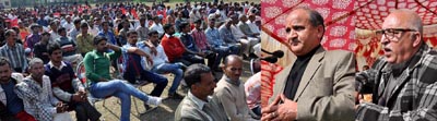 Deputy Chief Minister Tara Chand and Minister for R&B Abdul Majid Wani addressing public gathering at Pargwal on Monday. Deputy Chief Minister Tara Chand and Minister for R&B Abdul Majid Wani addressing public gathering at Pargwal on Monday.