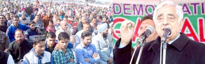 PDP patron Mufti Mohammad Sayeed addressing public gathering at R S Pura on Sunday. PDP patron Mufti Mohammad Sayeed addressing public gathering at R S Pura on Sunday.