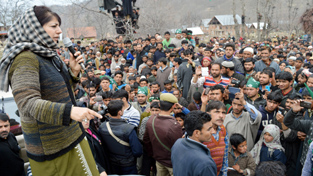 PDP president Mehbooba Mufti addressing party workers during an election campaign rally at Noorabad on Tuesday. -Excelsior/ Sajad Dar