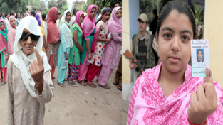 Old and young voters feel proud after casting their votes while some youth dance their way to polling station displaying their voter cards in Hiranagar on Thursday. —Excelsior/Rakesh
