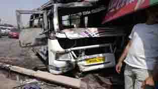 Mini-bus which met with an accident near Bikram Chowk on Thursday.