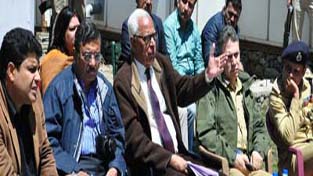 Governor N N Vohra chairing a meeting to review Shri Amarnathji yatra arrangements at Baltal on Wednesday.