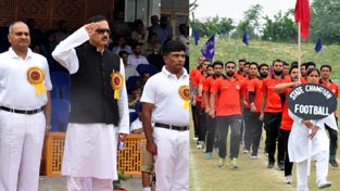 Minister of State for Home, Sajjad Ahmed Kichloo responding to various contingents during March Past in Srinagar. Minister of State for Home, Sajjad Ahmed Kichloo responding to various contingents during March Past in Srinagar.