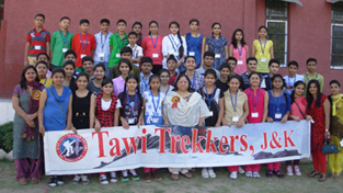 Trekkers posing for a photograph before leaving for Moungri in Udhampur.