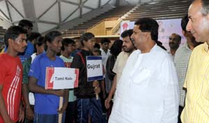 Minister for Sports Raman Bhall interacting with the players of various States while inaugurating National Wrestling Championship in Srinagar. Minister for Sports Raman Bhall interacting with the players of various States while inaugurating National Wrestling Championship in Srinagar.