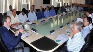 Chief Secretary Mohd Iqbal Khandey chairing Committee of Secretaries meeting at Srinagar on Monday.
