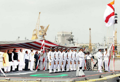 Prime Minister Narendra Modi commissioned INS Kolkata into the Indian Navy at a glittering ceremony, at the Naval Dockyard, in Mumbai on Saturday. Chief Minister Prithviraj Chavan, Governor K. Sankaranarayanan, Union Minister for Finance, Corporate Affairs and Defence, Arun Jaitley and other dignitaries are also seen. (UNI) Prime Minister Narendra Modi commissioned INS Kolkata into the Indian Navy at a glittering ceremony, at the Naval Dockyard, in Mumbai on Saturday. Chief Minister Prithviraj Chavan, Governor K. Sankaranarayanan, Union Minister for Finance, Corporate Affairs and Defence, Arun Jaitley and other dignitaries are also seen. (UNI)