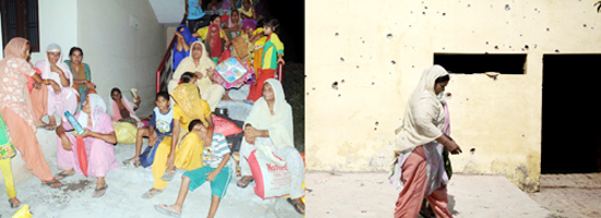 The migrants from border villages putting up in a Government building (left) while a woman walks in front of her house hit by series of bullets in RS Pura sector. —Excelsior/Rakesh The migrants from border villages putting up in a Government building (left) while a woman walks in front of her house hit by series of bullets in RS Pura sector. —Excelsior/Rakesh
