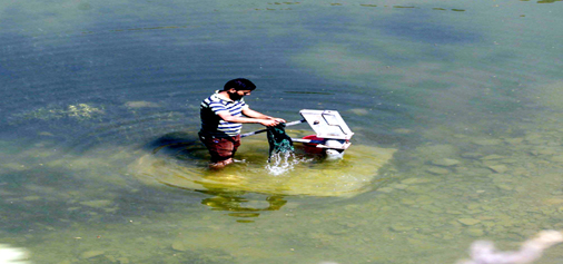 A man washes a piece of cloth at a partially submerged hand pump in a flood-affected area on the outskirts of Srinagar on Thursday. (UNI)