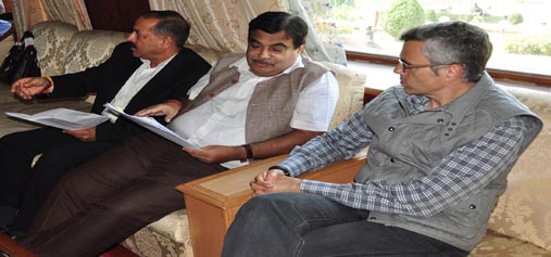 Union Transport Minister, Nitin Gadkari, MoS PMO, Dr Jitendra Singh and Chief Minister Omar Abdullah in a meeting at Srinagar on Monday.