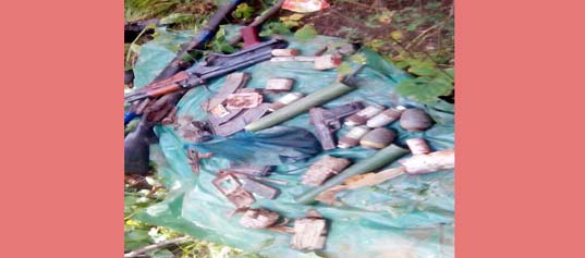 Arms, ammunition and explosives seized by Army and police at forests in Ramban district on Monday.