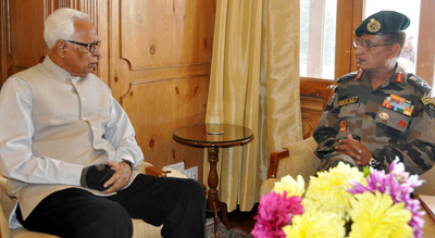 Governor, NN Vohra in a meeting with Lt Gen Subrata Saha at Raj Bhavan on Saturday. Governor, NN Vohra in a meeting with Lt Gen Subrata Saha at Raj Bhavan on Saturday.