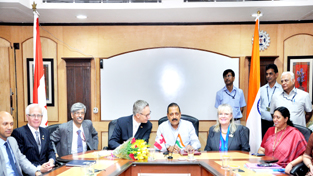 Union Minister Dr Jitendra Singh flanked by Canadian Minister for International Trade, Ed Fast and Canadian Minister for National Revenue, Kerry Findlay when the latter called on him at his Anusandhan Bhawan office in New Delhi on Wednesday. Union Minister Dr Jitendra Singh flanked by Canadian Minister for International Trade, Ed Fast and Canadian Minister for National Revenue, Kerry Findlay when the latter called on him at his Anusandhan Bhawan office in New Delhi on Wednesday.