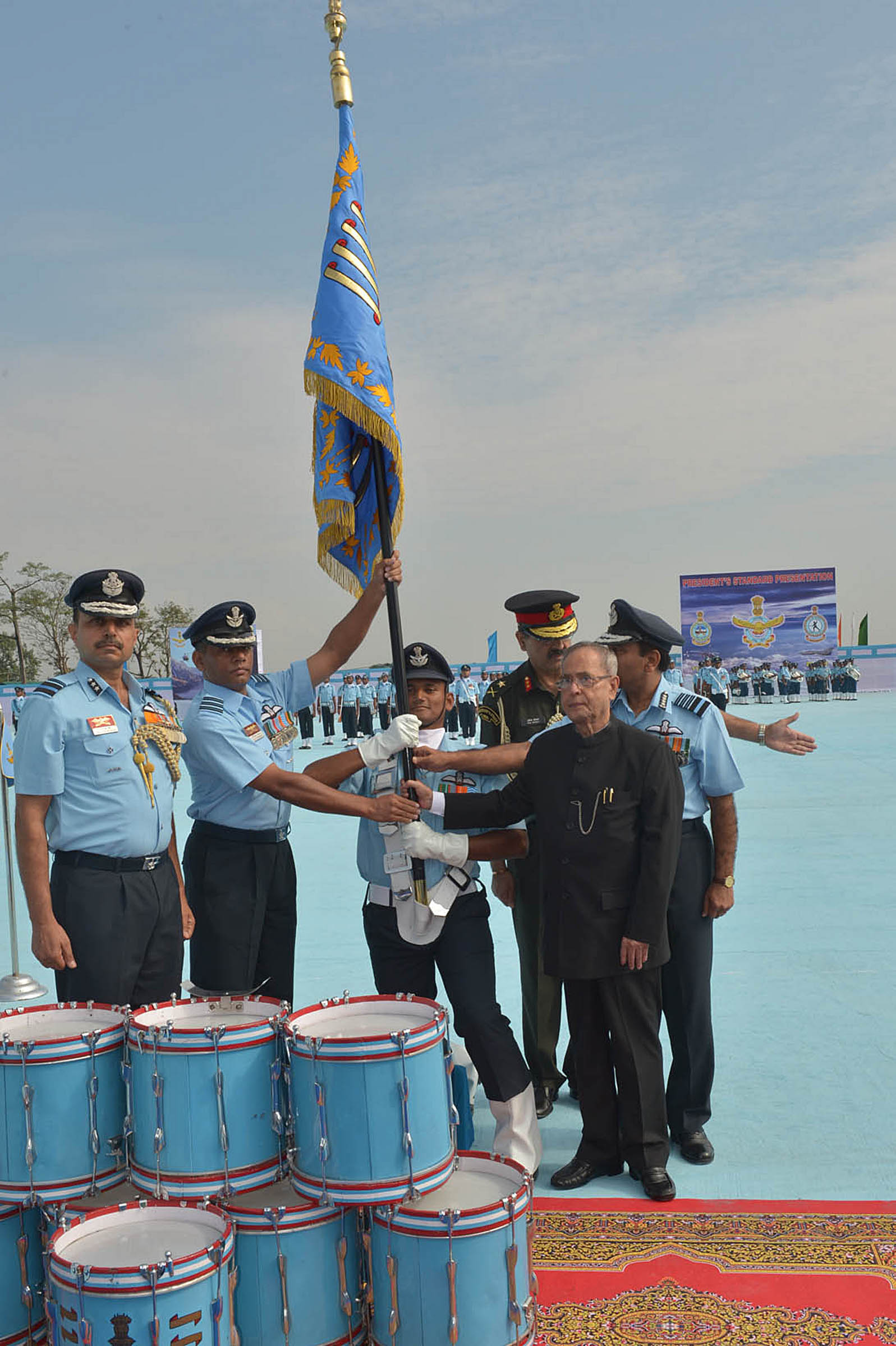 President Pranab Mukherjee presenting the Standards to 115 HU and 26 Squadron of Indian Air Force at Tezpur airbase on Friday. (UNI) President Pranab Mukherjee presenting the Standards to 115 HU and 26 Squadron of Indian Air Force at Tezpur airbase on Friday. (UNI)