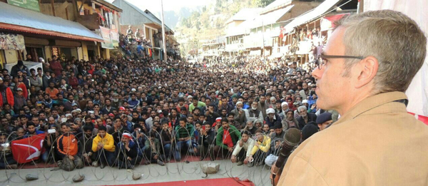 Chief Minister Omar Abdullah addressing a public meeting in Banihal constituency on Tuesday.