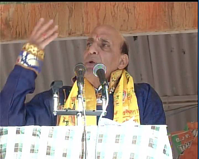 Union Home Minister Rajnath Singh addresses a public meeting at Polo Ground Leh on Thursday.